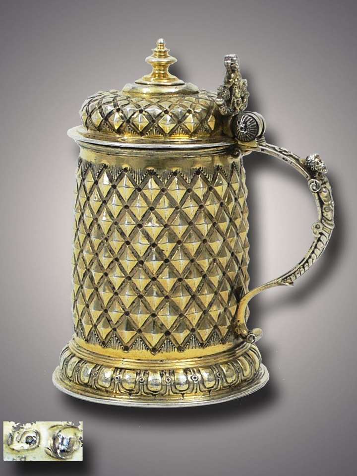 Very Fine German Silver Gilt Diamond-Cut Tankard